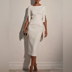 Slim-Fit Elegant Midi Dress with Beaded Slit Sleeve